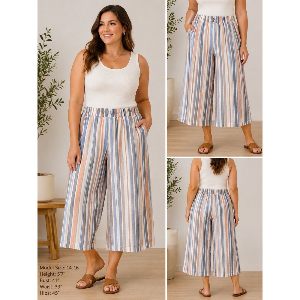BloomChic Wide Leg Culotte Pants Striped Blue Orange Button Front Plus 14-16